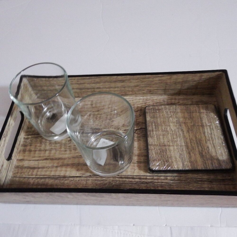 NIB Barware Tray Set/2 Glasses/2 Coasters